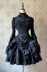 ダークブラックハイウエストフリル花嫁ゴシックロリータドレス